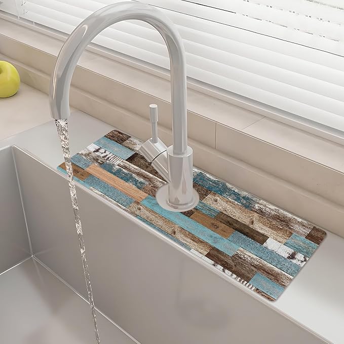 15" X 5.5" Kitchen Sink Splash Guard Faucet Mat Wood Grain Super Absorbent Fast