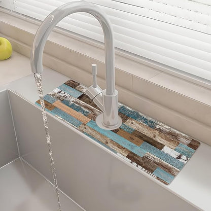 15" X 5.5" Kitchen Sink Splash Guard Faucet Mat Wood Grain Super Absorbent Fast
