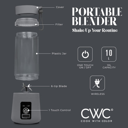 COOK WITH COLOR Mini Portable Blender - 250W Power, 12oz Capacity, Stainless Steel Blade, Wireless/USB Rechargeable, Grey