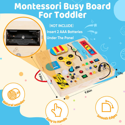 GNAYUIJ Wooden Busy Board Montessori Toy for Toddlers,Educational Learning Toy for 1 2 3 Year Boys & Girls,Sensory Activity Board with LED Light & Music Boxes, Travel Toys for Kids Birthday Gift