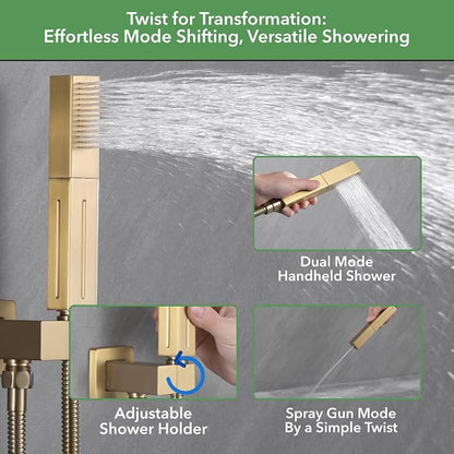 VANFOXLE Shower Faucet Set Brushed Gold Shower System, Push Button Diverter Shower Faucet with Trim Kit, Ceiling Mount 16 Inch Shower Head Increased Thick, 6 Inch Side Shower Head, 2-in-1 Handheld