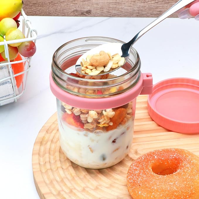 4 Pack Overnight Oats Containers with Lids and Spoons，16 Oz Glass Mason Jars for Overnight Oats Jars, Leak Proof oatmeal Container Meal Prep Jar for Cereal Salad Milk Yogurt Vegetable