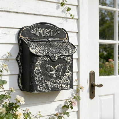 Mailbox Wall Mount Mailboxes for Outside Vintage Mail Boxes for House Outside Metal Drop Box Antique Style Nostalgic Charm Home Decorative, Butterfly Pattern, Black
