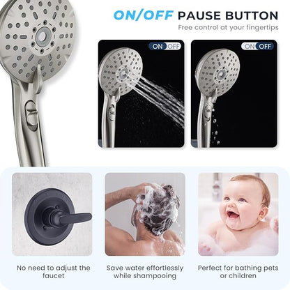 Ryamen Dual Shower Head Combo, 8'' High Pressure Rain Shower Head with Handheld Spray, 6+1 Spray Settings Handheld Showerhead, Height Adjustable, One-touch Pause Button, Brushed Nickel