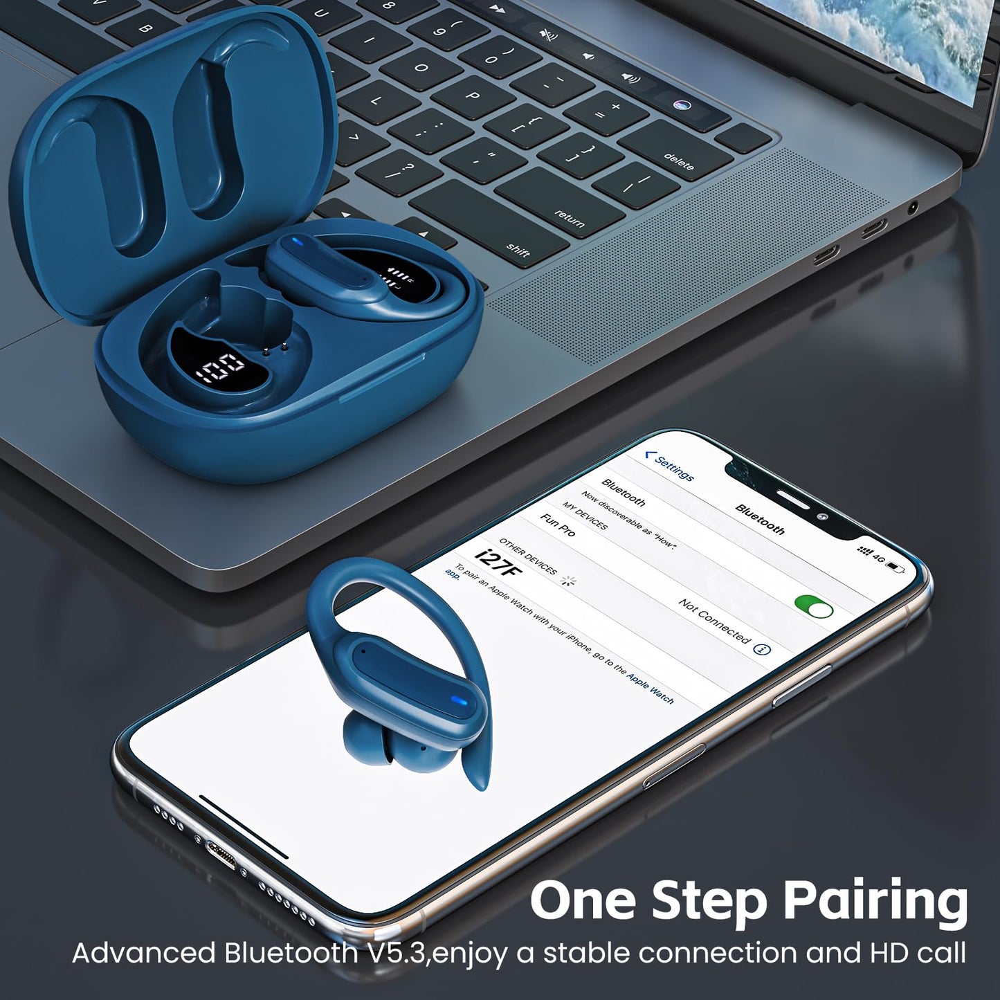 Wireless Earbuds, Bluetooth 5.4 Headphones, True Wireless Stereo Sound Earphones with Noise Cancelling Mic, Fast Charging, IPX7 Waterproof, Comfort Fit Ear Buds for Sports/Workouts/Travel (Blue)