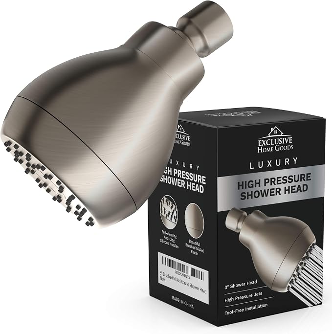 High Pressure Shower Head - Powerful Deluxe Bathroom Showerhead with Strong Spray Stream and Small Silicone Nozzles - Universal Fit Works with High and Low Water Flow Showers (Brushed Nickel)-1.8 GPM