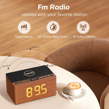 ANJANK Wooden Bluetooth Speaker, Alarm Clock with FM Radio, Qi Certified Fast Wireless Charging Station for iPhone/Samsung, USB Charger Port, Dimmable Display, Digital Wood Clock for Bedroom, Bedside
