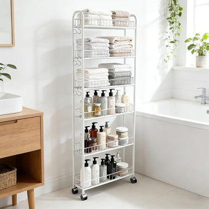 Slim Rolling Storage Cart with Wheels, 6in 6 Tier White | Narrow Space Shelving Unit, Metal Wire Mobile Organizer Rack for Kitchen Bathroom Office Laundry