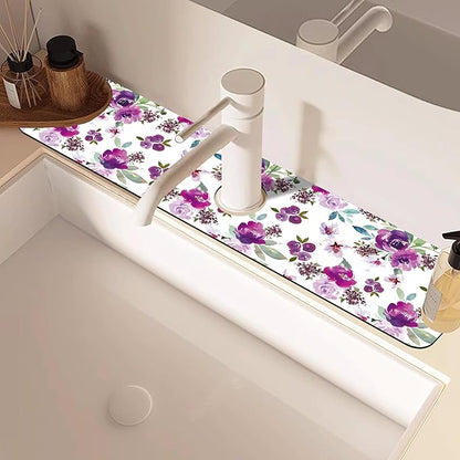 Watercolor Purple Flowers Faucet Absorbing Mat Splash Guard Draining Mat Fast