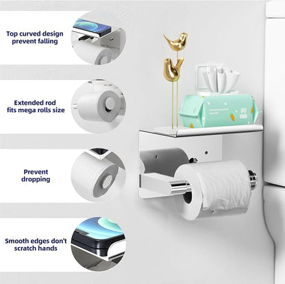 GLNLQ Chrome Toilet Paper Holder Wall Mount, Fits Mega Rolls Size Sliver Toilet Paper Holder with Shelf, Rustproof Stainless Steel Toilet Roll Holder, Self Adhesive Toilet Paper Holders Chrome