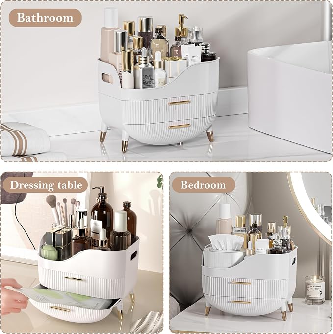 Makeup Organizer for Vanity, Large Capacity Skincare Cosmetic Organizer Countertop with 2 Drawers, Cosmetic Display Cases Makeup Storage Box for Bedroom, Bathroom, Ideal Gifts for Women(White)