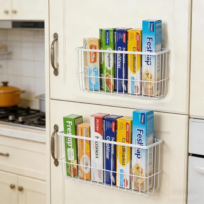 2 Pack Aluminum Foil and Plastic Wrap Organizer,Wall Mounted Cabinet Door Organizer,Kitchen Pantry Organizers and Storage,Wrapping Paper Shelf for Sandwich, Freezer, Ziplock Bag, White