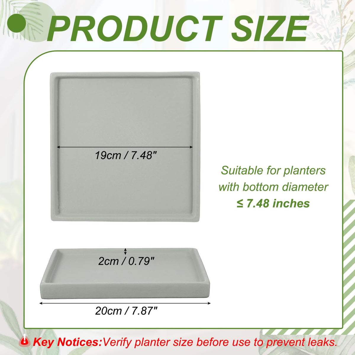 YELARXI 7.5 Inch Ceramic Plant Saucers, Square Flower Planter Water Trays Ceramic Plant Saucer Pot Tray -Fitting for (Outdoor/Indoors/Garden/Planting/Water/Flower/Coffee) Light Gray
