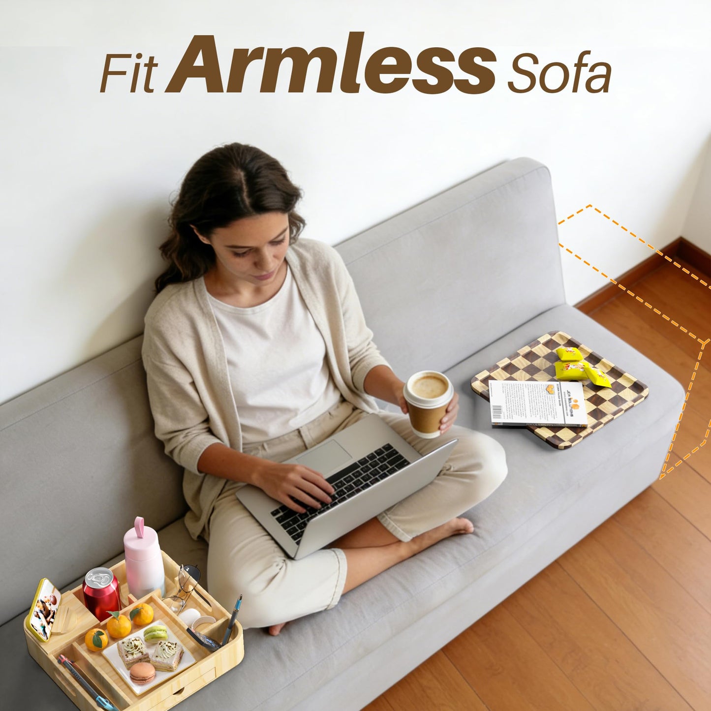 Couch Cup Holder, Checkered Couch Tray Cup Holder Sofa Tray, Large Capacity 2-Tier Wooden Trays with Drawer for Sofa, Bed, Picnic, Drinks, Remote, Cell Phone,TV Trays (Solid Pine Wood)12.5*12.5 in