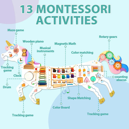 5FT Large Unicorn Activity Wall Busy Board Panels Wooden Learning Activity Center Montessori Sensory Wall Panel for Kids Interactive Educational Toy for Playroom Daycare Nursery Classroom Decor Gift