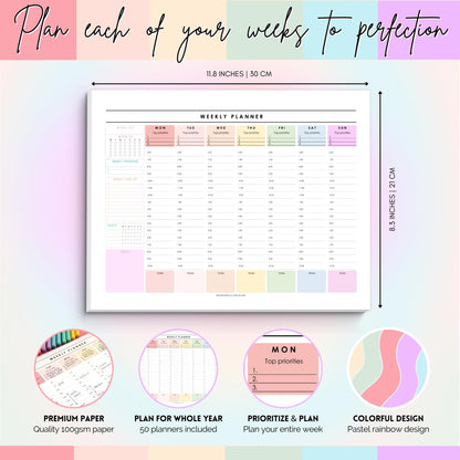 Weekly Hourly Planner Notepad, Daily Planner Desk Pad, Weekly Schedule, To Do List Note Pad, ADHD Planner | 50 Undated Tear Away Sheets | A4 (Rainbow)