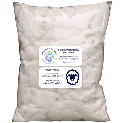SUPERWASH MERINO Wool Roving. Ethically & Responsibly Sourced Fiber for Spinning, Blending, Filling and Stuffing - 1 LB Bag, Natural White Combed Top