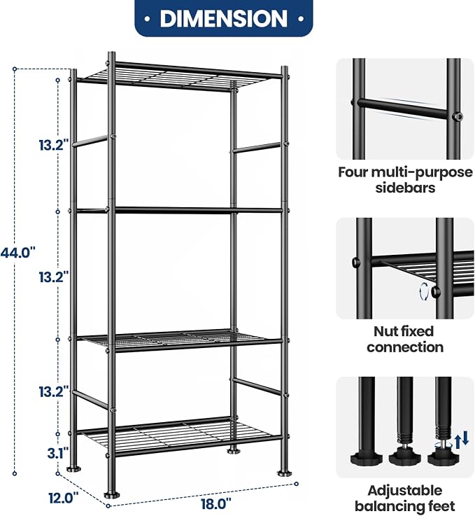 Abiglifty Storage Shelves, 4-Tier Wire Shelving, Metal Shelving with Adjustable Leveling Feet, Garage Storage for Bathroom, Closet, Kitchen