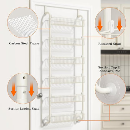 MIAOLI Over the Door Pantry Organizers and Storage, 6-Tier Spice Rack, Home & Kitchen Storage Shelves for Cabinet, Large Capacity Hanging Seasoning Organizer, Laundry Room Organization, White