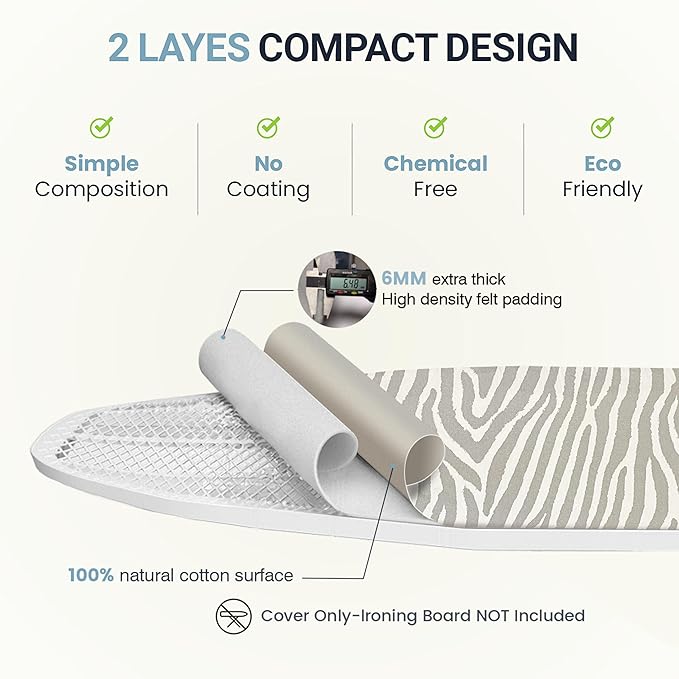 Ironing Board Cover and Pad 18"x54" Extra Thick Natural Cotton, Scorch and