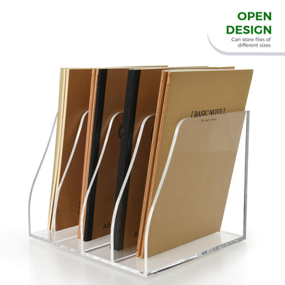 Lovemolly Acrylic Magazine File Holder – 4-Slot Clear Desk Organizer, Vertical Document Sorter for Office, Home & Classroom, No-Assembly Tabletop Rack for Folders, Books & Tablets, 7.09x8.07x6.3 in