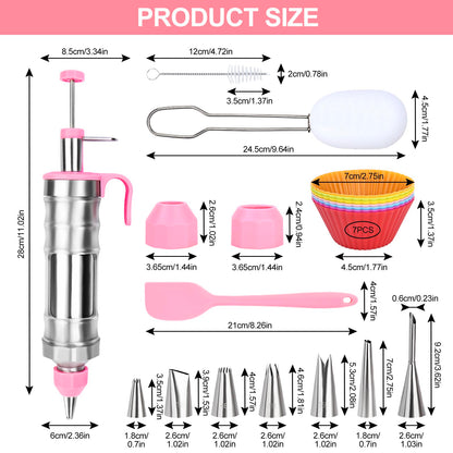 FACIACC Dessert Decorating Syringe Set, Stainless Frosting Piping Kit with 7 Piping Tips & 7 Silicone Cupcakes, Dessert Making Tools for Baking Cupcakes, Cookies & Pastries