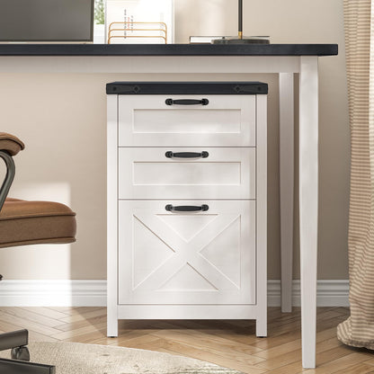 Halitaa 3 Drawer Small File Cabinet, Farmhouse Vertical Filing Cabinet Fits Letter and A4 Size, Under Desk Wooden File Cabinets for Home Office, Printer Stand, White and Black