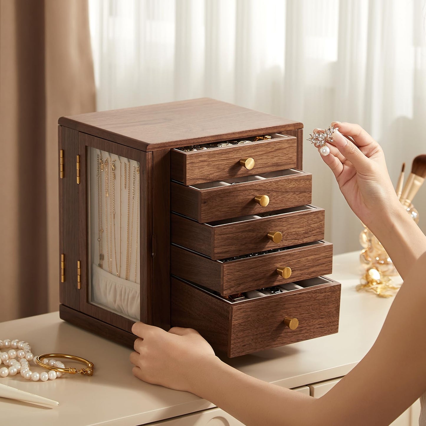 Homruilink Black Walnut Wooden Jewelry Box - 360° Rotating Jewelry Organizer for Women with 5 Drawers for Rings,Necklaces,Earrings and Bracelets -Large Storage Case - Fathers Day Gift
