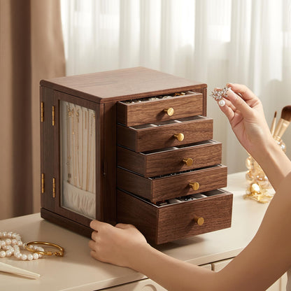 Homruilink Black Walnut Wooden Jewelry Box - 360° Rotating Jewelry Organizer for Women with 5 Drawers for Rings,Necklaces,Earrings and Bracelets -Large Storage Case - Fathers Day Gift
