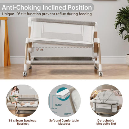 WinkleStar Baby Bassinet Bedside Sleeper with Mattress, 6-Level Height Adjustable Co Sleeper Bassinet, Rocking Baby Crib with Mosquito Net, 360° Wheels & Storage Basket – Premium Linen & Metal Frame
