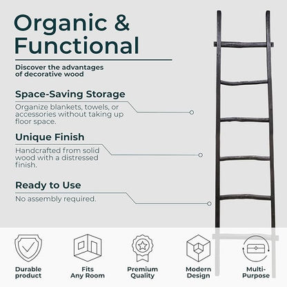 Decorative Vertical Ladder with Towel Rack Design for Blankets - Slim Storage Stand with Hooks for Bedroom or Living Room - Classic Textile Display Accent for Home Decor Ladder - 76", Black