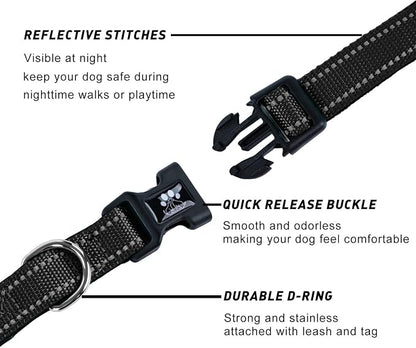 FURRYFECTION Reflective Dog Collar and Leash Set with Quick Release Buckle, Padded with Neoprene Adjustable Nylon Dog Collar for Small Medium and Large Dogs (Large Collar+5FT Leash, Black)