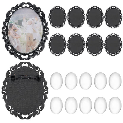 PH PandaHall 10 Sets Brooch Cabochon Making Kit, 40x30mm Vintage Oval Brooch Bezel Blank Photo Brooches Memorial Photo Pins with Clear Glass Cabochons for Jewelry Making Wedding Party, Black