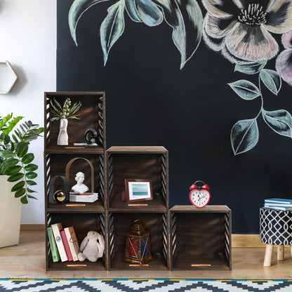 yarlung Wood Storage Bin Cube Wood Crate with Handles, Rustic Brown Decorative Box, Stackable Shelf Basket Books Organizer for Closet, Bookcase, 12"x12"x11", Easy Assembly