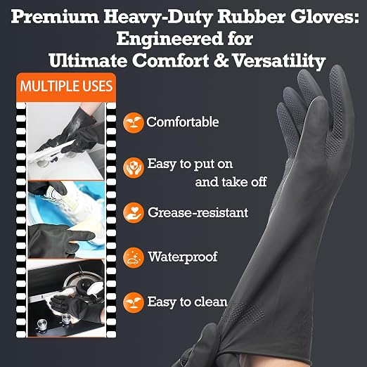 Heavy-Duty Thick Black Rubber Cleaning Gloves, 1 Pair, XL | Reusable & waterproof black/orange dual layers. Non-slip design for dishwashing, kitchen cleaning, and auto care.