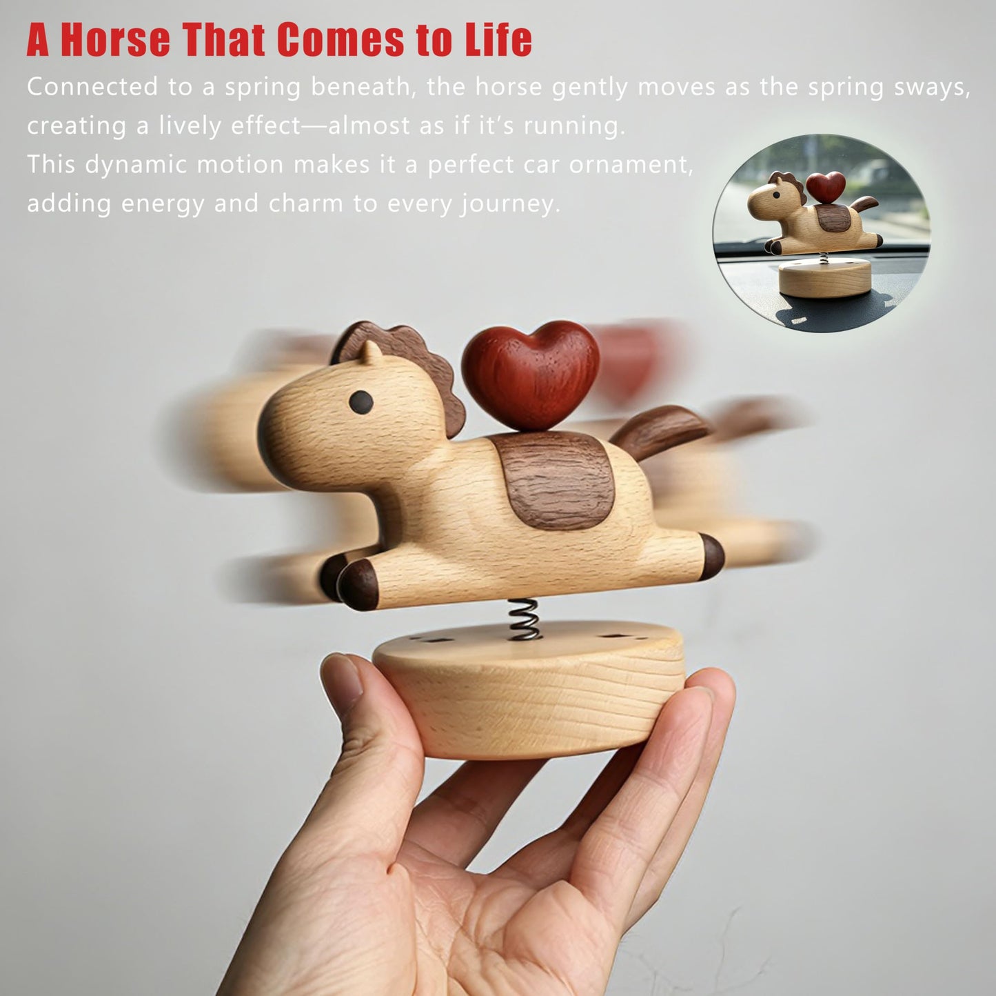 YANISM Wooden Horse Figurine with Magnetic Heart,Spring Swaying Ornament,Romantic Love Right Away Gift for Her or Him,Year of the Horse Gift