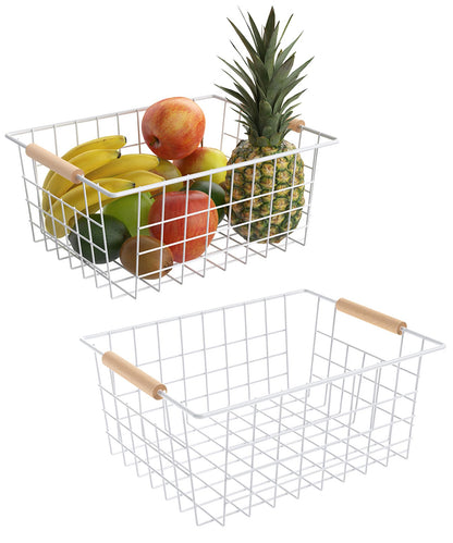 Wire Basket with Wooden Handle, Metal Utility Storage Basket for Organizing Kitchen Pantry Cabinets, Closet and Garage Shelves Drawers, Office Metal Basket Storage Organizer with Handle (White 2 Pack)