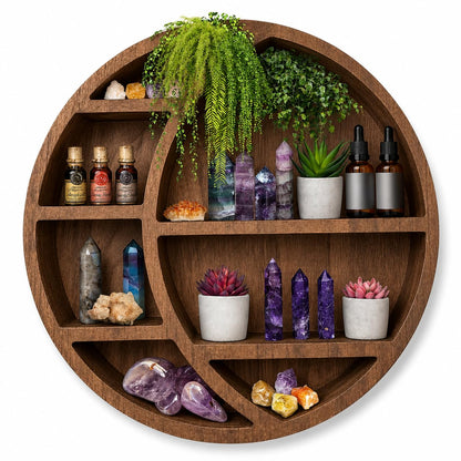 Nimpro Wooden Crescent Moon Shelf — Boho Wall Decor Crystal Display Shelf for Bedroom, Dorm & Nursery | Crystal Holder for Essential Oils, Witchy & Moon Phase Decor | 14x14x3.5 | Paulownia Wood