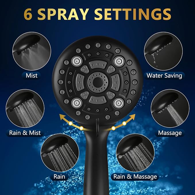 6 Spray Modes High Pressure Handheld Shower Base Upgraded 5 Inches Shower Head with Handheld Spray Matte Black Handheld Shower Head 60 Inches Stainless Steel Hose-Shower Door Bootom Seal Strip