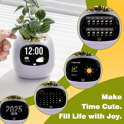 Smart Plant Pot with Visual Display – Soil Moisture, Water Level, Light & Battery Monitor, 80ml Self-Watering Reservoir, Supports 100+ Plants, Pomodoro Timer, Clock & Calendar-Purple