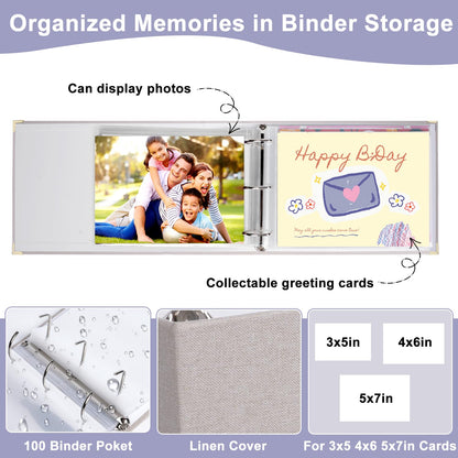 Greeting Card Storage Organizer, Insert One Opened Card per Sheet, D-Ring Binder Organizer for 4x6'' 5x7'' Birthday Christmas Cards, Linen Cover Card Keeper 100 Cards, Stickers, Photos Protection
