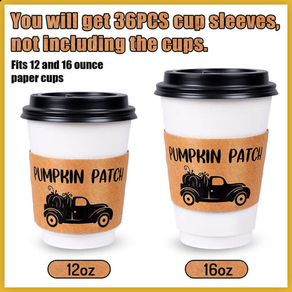 Whaline 36 Pack Fall Coffee Tea Cup Sleeves Thanksgiving Kraft Paper Sleeves for 12 and 16oz Cups Disposable Corrugated Cup Paper Jacket for Hot Chocolate Cocoa or Cold Beverage, 6 Design