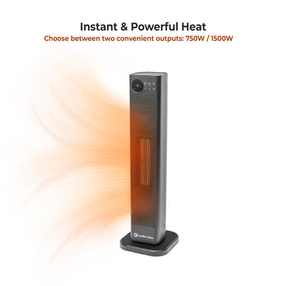 Comfort Zone 30-Inch Oscillating Tower Space Heater with Remote Control – 1500W High Velocity Ceramic Heater, Digital LCD Thermostat, 12-Hour Timer, ECO Mode, Safety Tip-Over & Overheat Protection