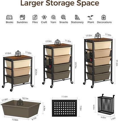 Rolling Cart with 4 Drawers, Plastic Drawer Storage Carts with Wheels & Wooden Tabletop, Metal Utility Cart with Pegboards, Office Living Room Classroom Craft Organization and Storage, Dark Brown