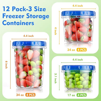 BiuLeon [12 Pack-34/24/17oz Freezer Storage Containers with 3 Different Sizes, Plastic Soup Containers with Lids, BPA-Free Food Storage Containers with Twist Top Lids, Reusable Meal Prep Containers