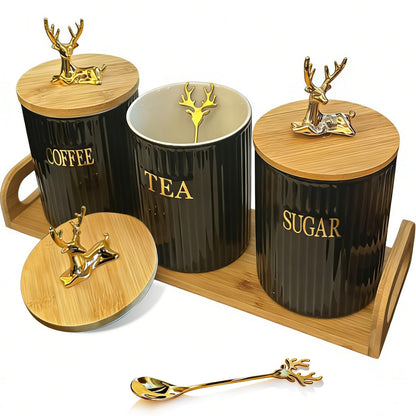 Bryasha Airtight Ceramic Canisters Set of 3 with Wooden Tray - Kitchen Counter Storage Containers for Sugar, Coffee, Tea - Food Storage Jars With wooden lid and spoon Rotating Deer (black)