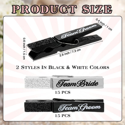 Tinlade 30 Pcs Wedding Game Party Favor Team Bride & Groom Set Glitter Black White Clothes Pins for Guest Wedding Wall Hanging Picture Clip Decor for Bridal Shower Bachelorette Send off Party Supplies