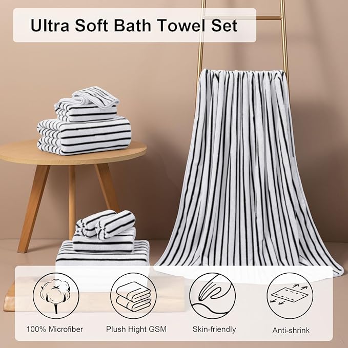 4 Pcs Black White Cabana Stripe Large Bath Towels 35"x70" Oversized Bath Sheet