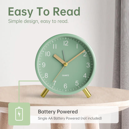 Analog Alarm Clock, 4 inch Super Silent Non Ticking Small Clock with Night Light, Battery Operated, Simple Design, easy setting for Office, Bedroom, Bedside, Desk, teens, elders, kids, adult, Green