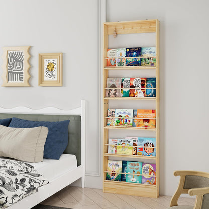 Chyanmoo Wooden Wall Mounted Bookshelf, 5 Tier Storage Shelf with Anti Tip Device, Space Saving Organizer with Built in Hooks and Raised Edges for Living Room Bedroom Home Office